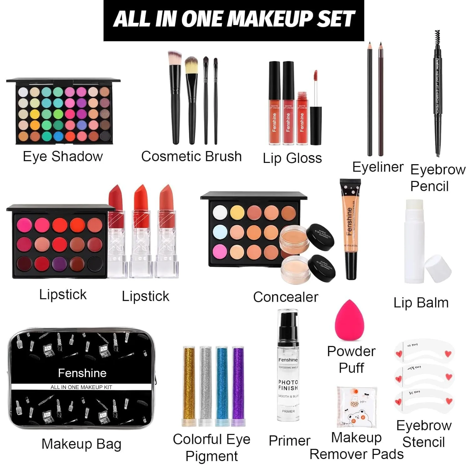 All-in-One Beginner Makeup Kit: Eyeshadow, Lipstick, Brushes & More for Flawless Application