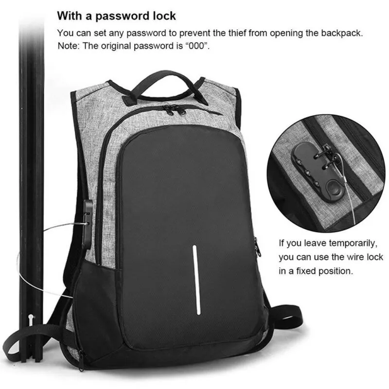 Anti-Theft Men Women Travel Backpack External USB Charge Port Laptop School Bag