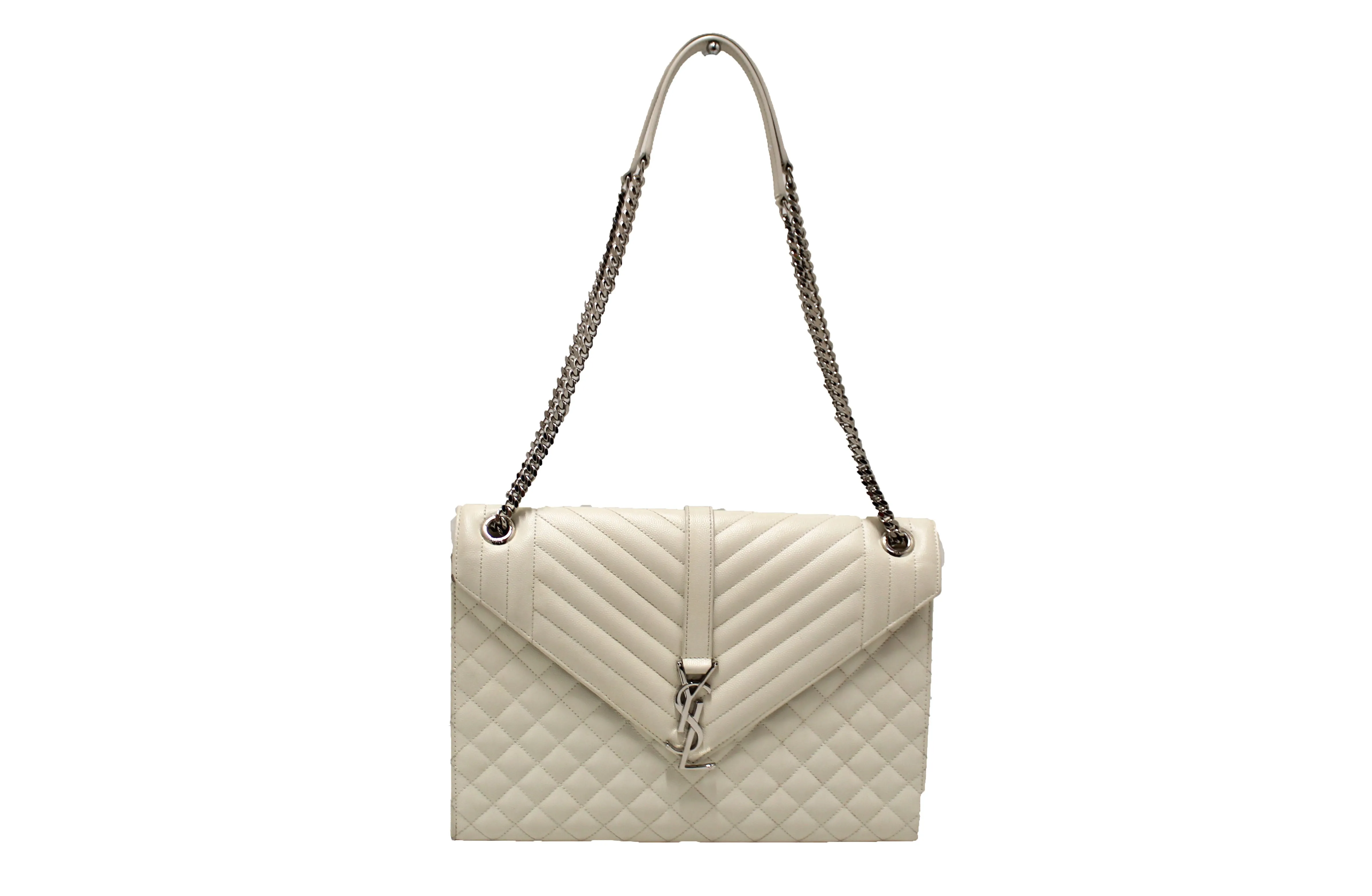 AUTHENTIC SAINT LAURENT WHITE MIX MATELASSÉ GRAIN DE POUDRE EMBOSSED LEATHER ENVELOPE LARGE BAG