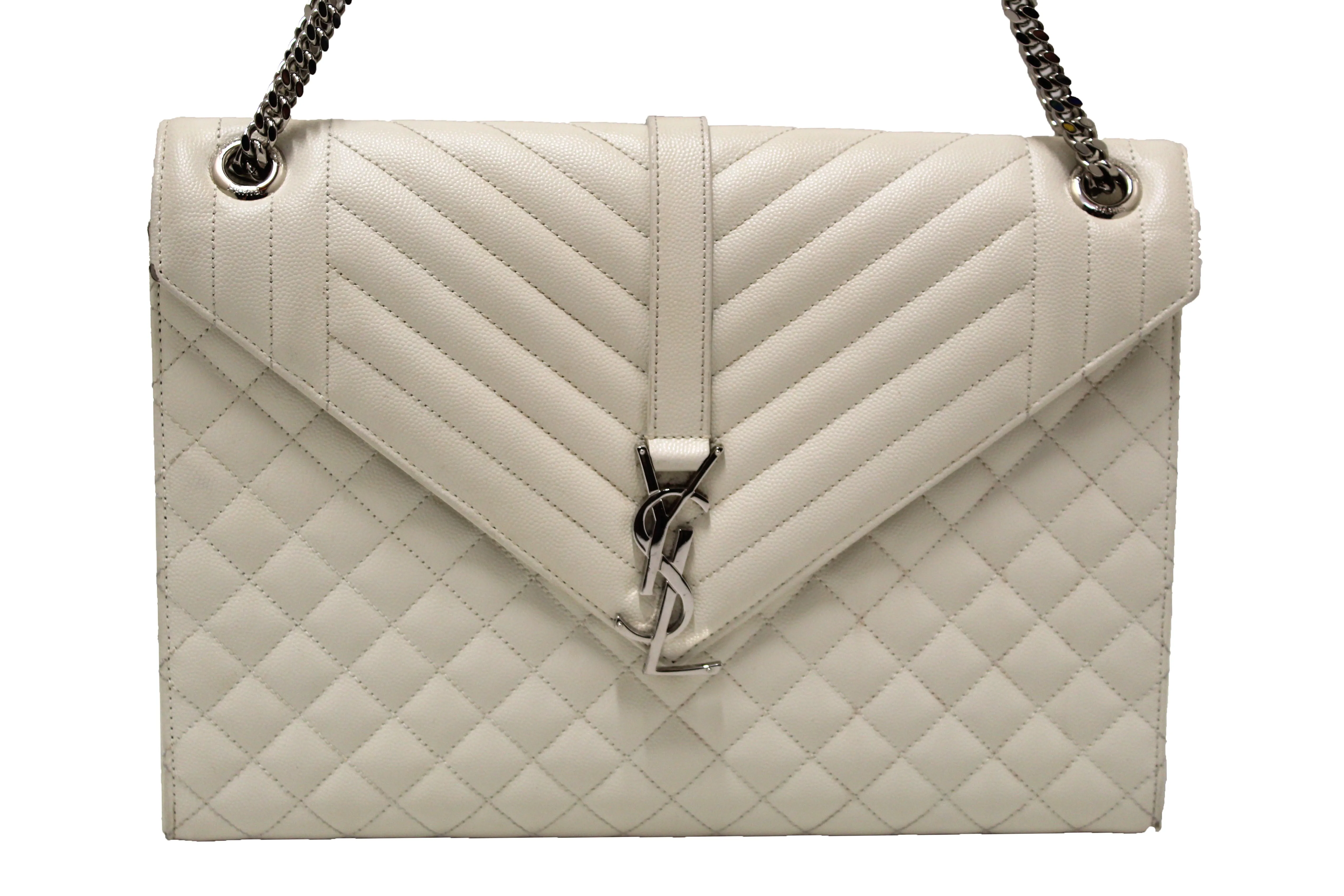 AUTHENTIC SAINT LAURENT WHITE MIX MATELASSÉ GRAIN DE POUDRE EMBOSSED LEATHER ENVELOPE LARGE BAG