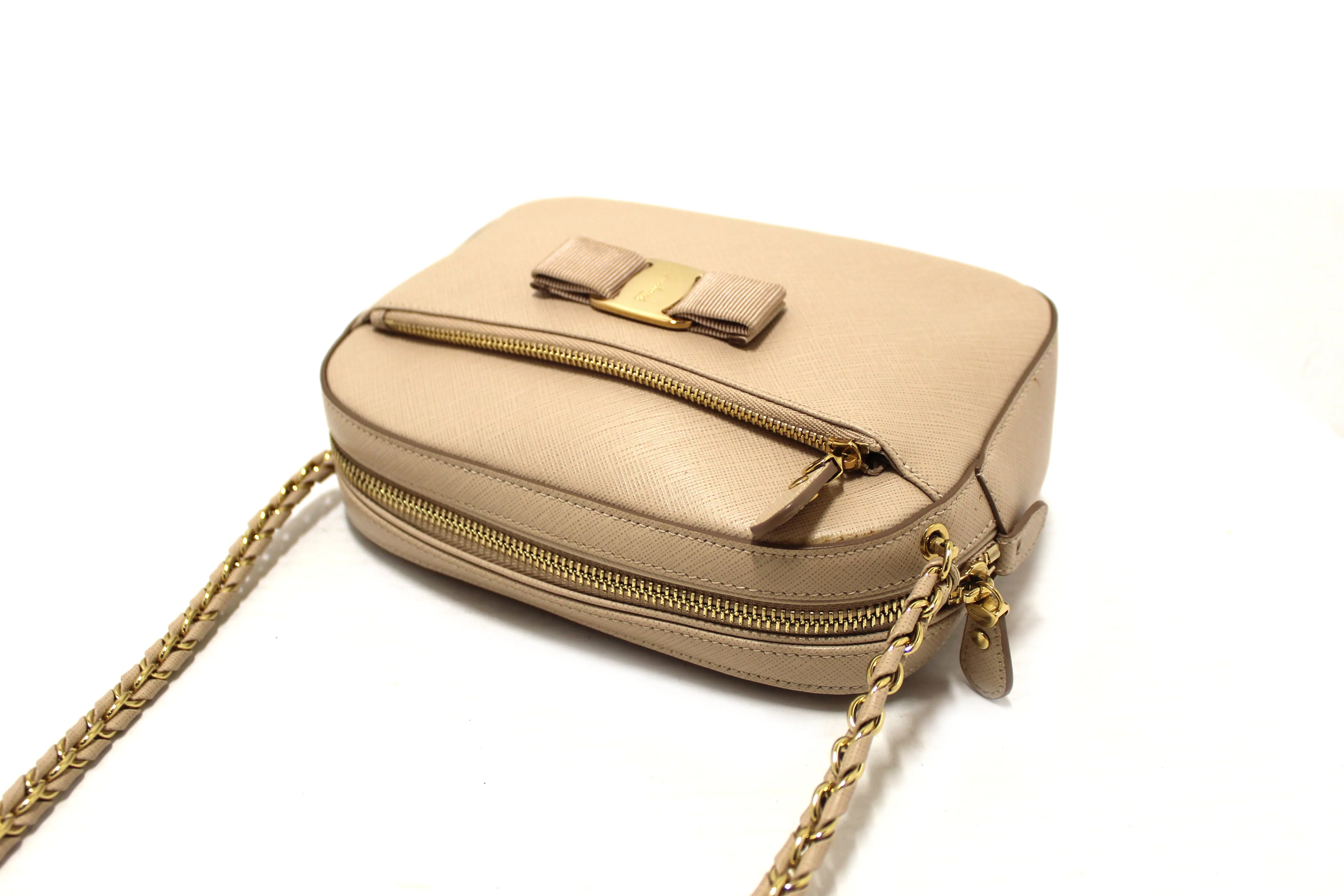 Authentic Salvatore Ferragamo Beige Calfskin Leather Lydia Bow Camera Crossbody Bag