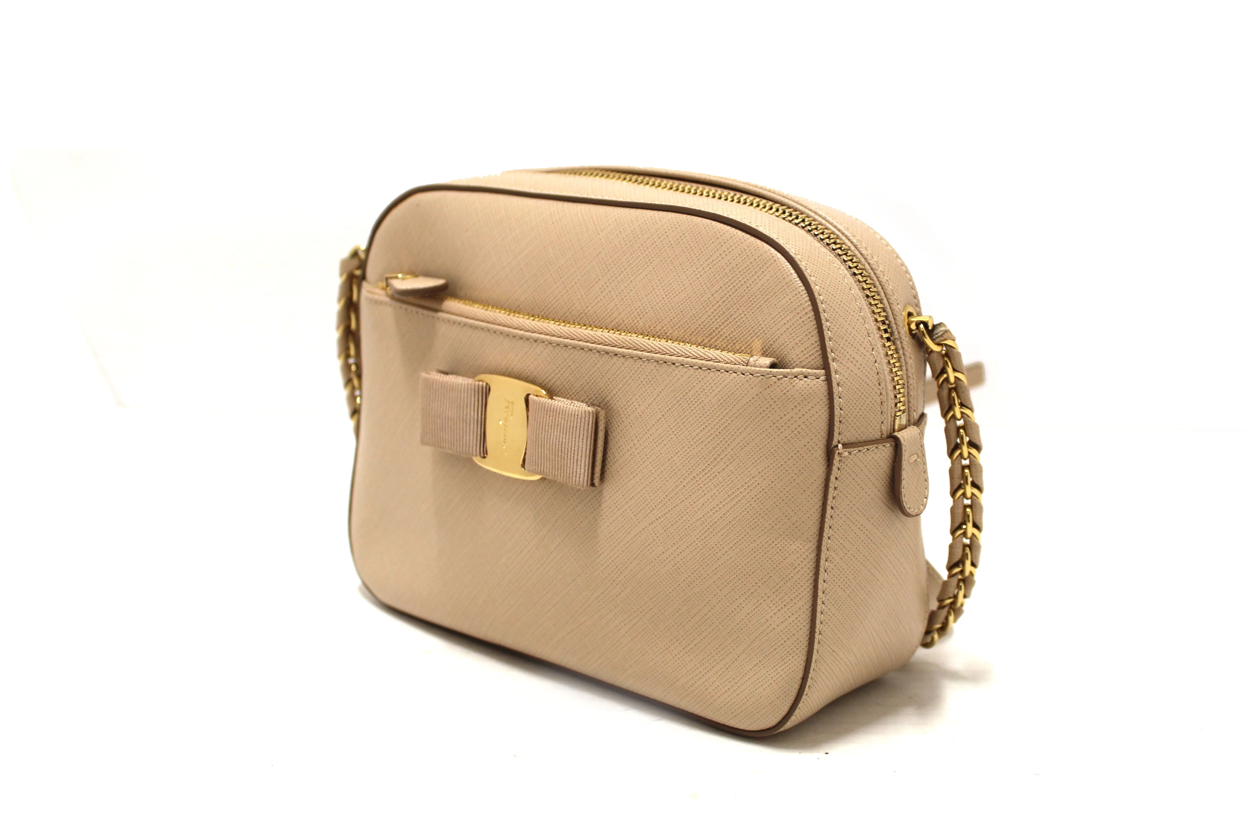 Authentic Salvatore Ferragamo Beige Calfskin Leather Lydia Bow Camera Crossbody Bag