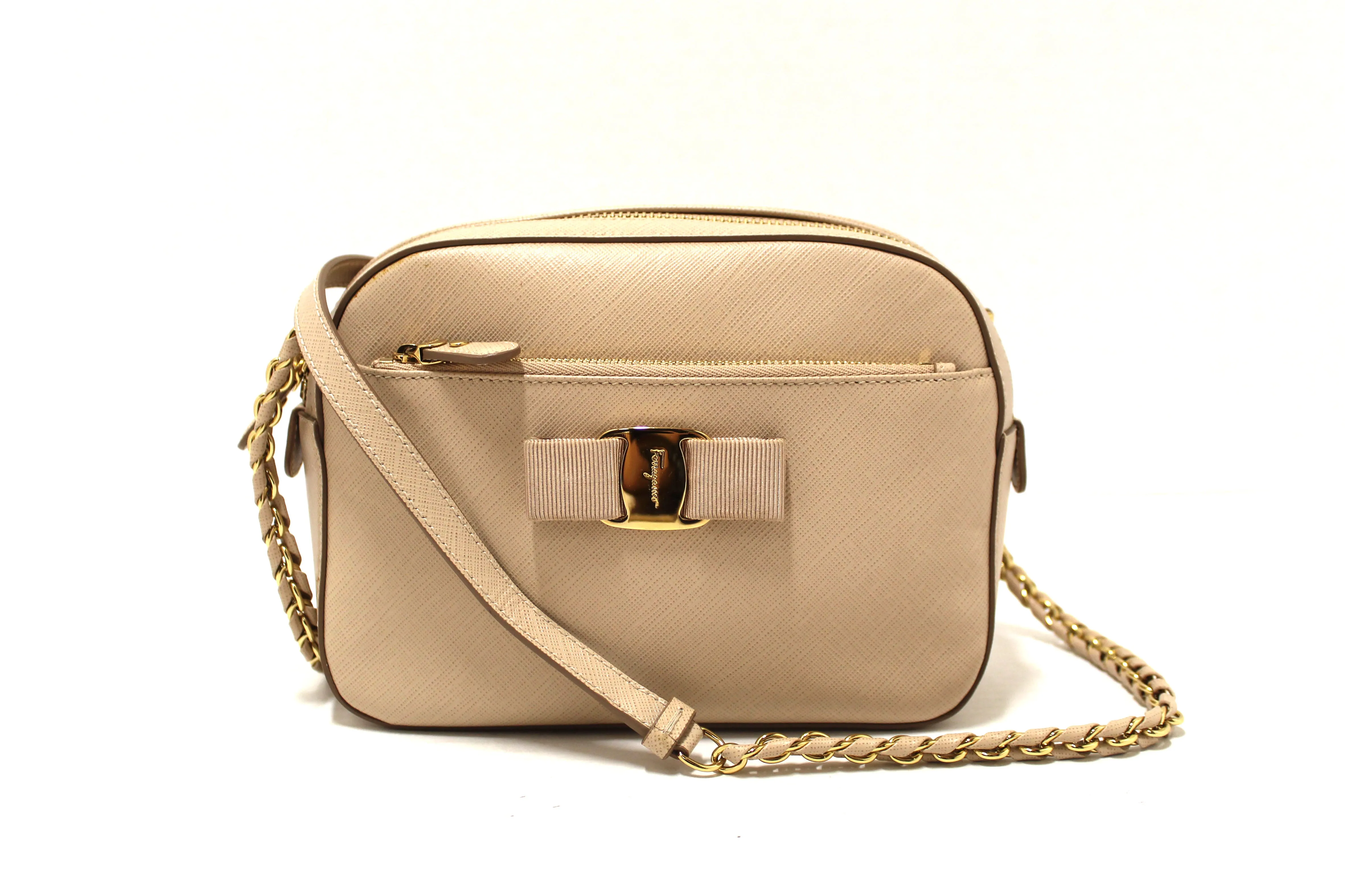 Authentic Salvatore Ferragamo Beige Calfskin Leather Lydia Bow Camera Crossbody Bag