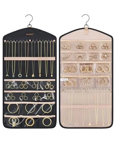 BAGSMART Hanging Jewelry Organizer with Hanger Metal Hooks Double-Sided Jewelry Holder for Organizing Earrings Necklaces Rings Perfect for in Hanging Closet, Wall, Door, 1 Piece, M, Pink