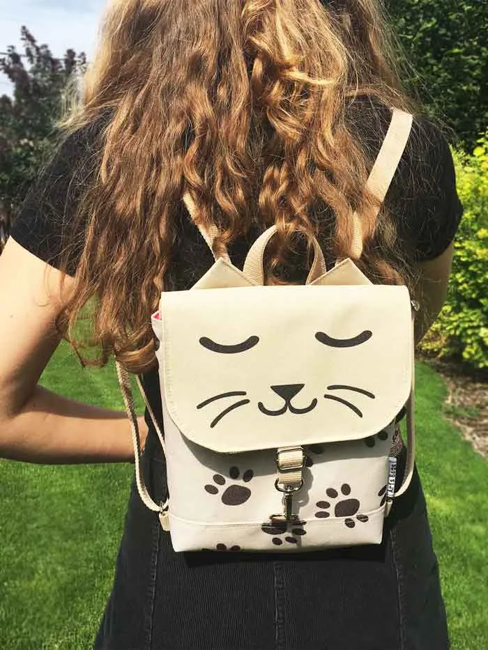 Beige Cat Backpack, Personalized Cross Body Bag | Aris Bags