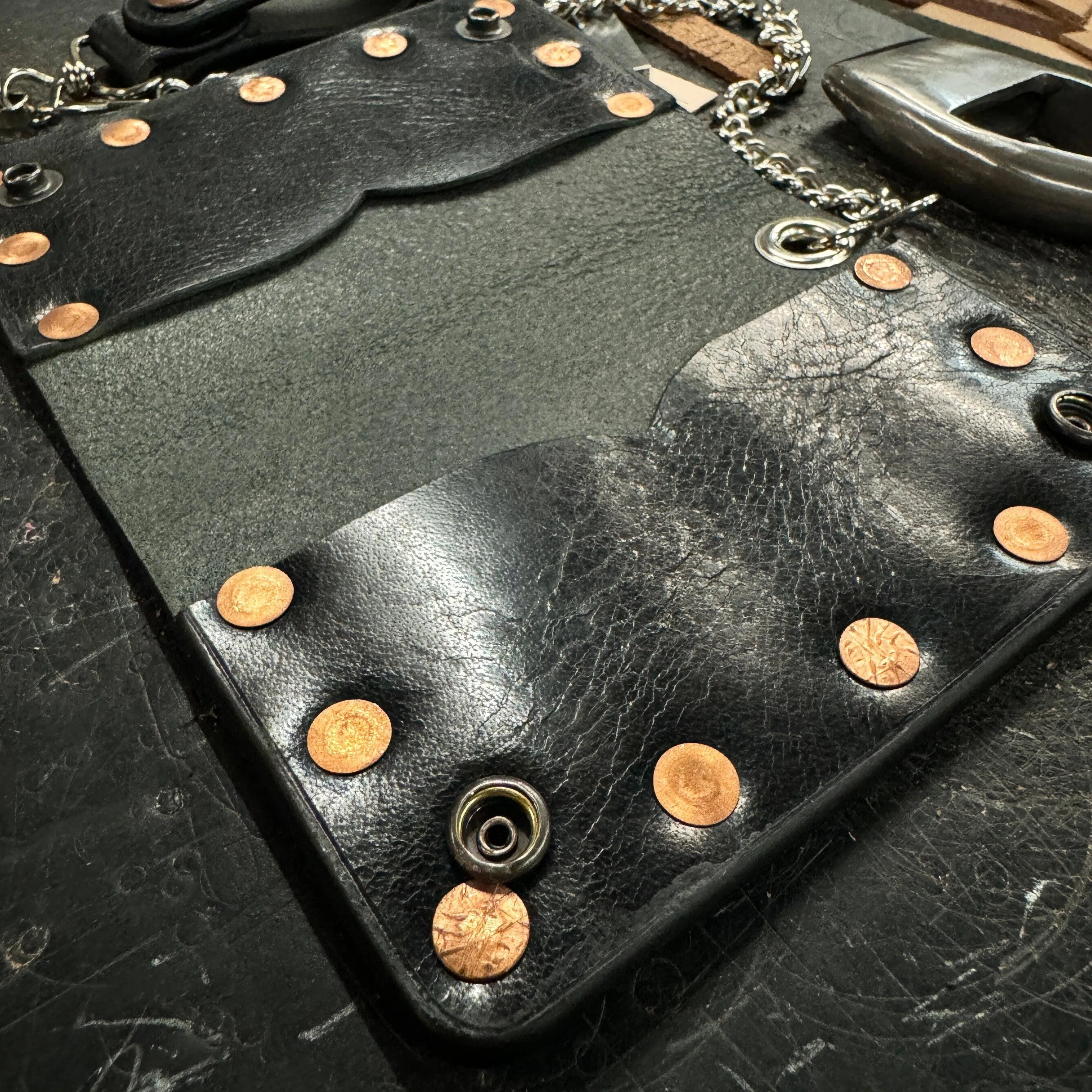 Biker Bifold Chain Wallet - Vintage Glazed Buffalo Leather Bifold Wallet with Copper Hardware