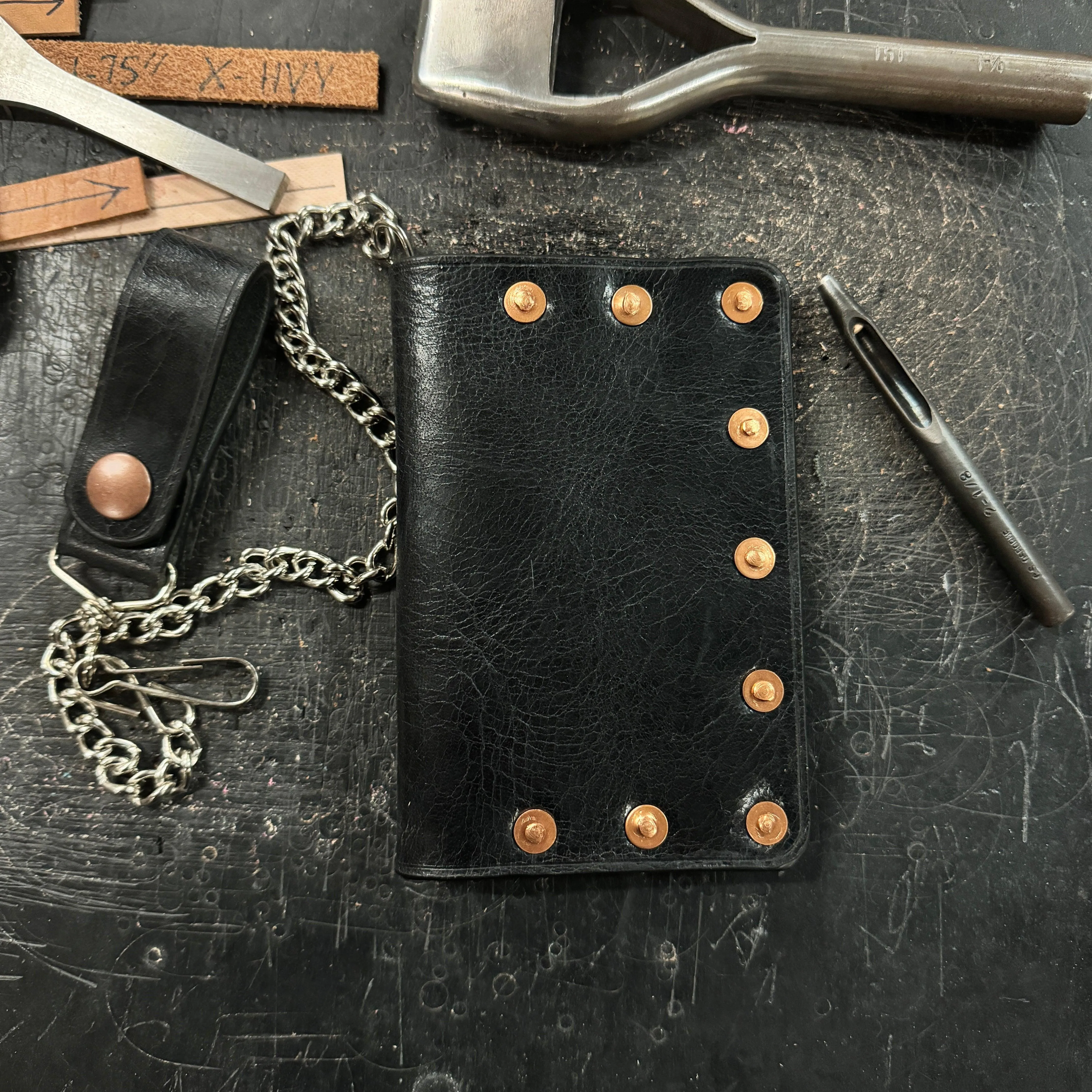 Biker Bifold Chain Wallet - Vintage Glazed Buffalo Leather Bifold Wallet with Copper Hardware