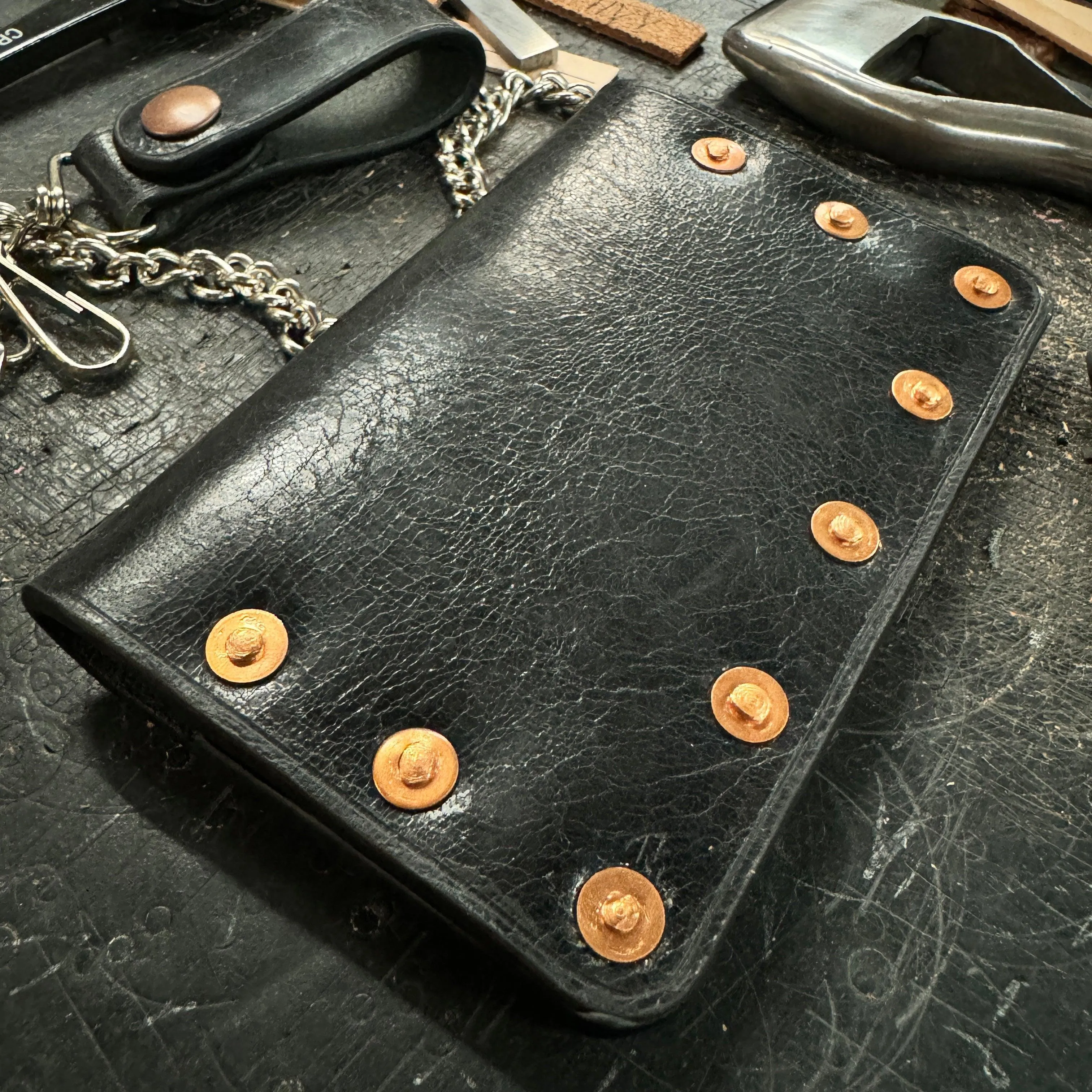 Biker Bifold Chain Wallet - Vintage Glazed Buffalo Leather Bifold Wallet with Copper Hardware