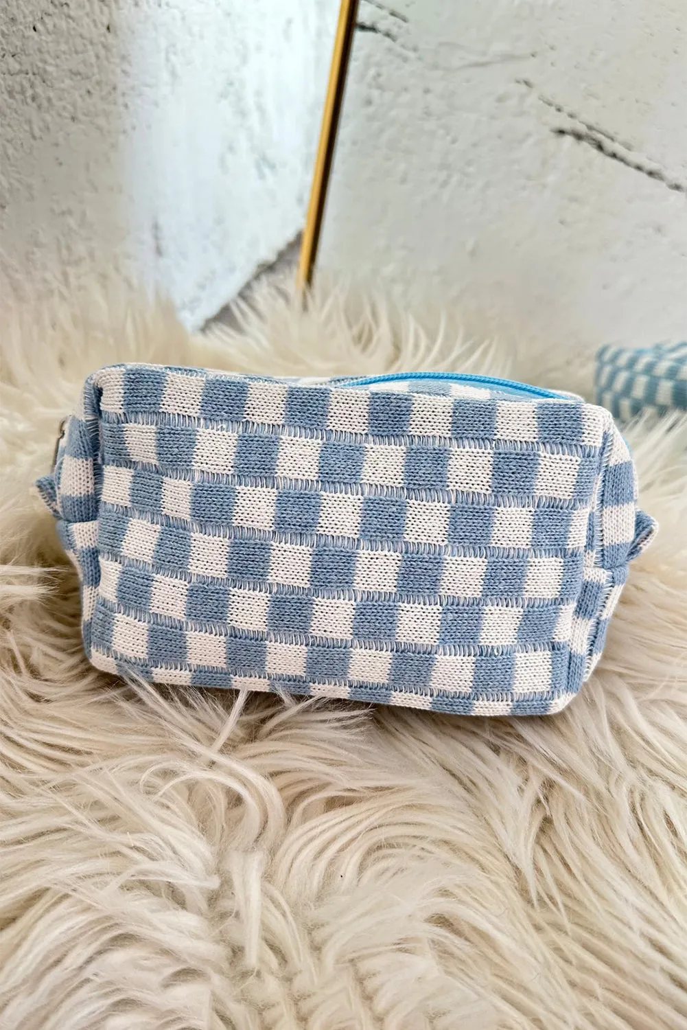 Black Checkered Knitted Zipper Makeup Bag