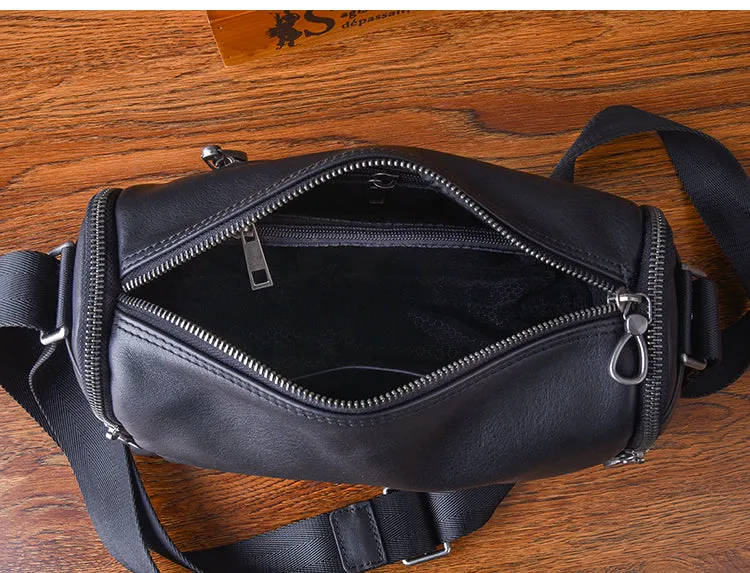 Black Leather Small Black Messenger Bag Men's Small Barrel Side Bag Overnight Bag For Men