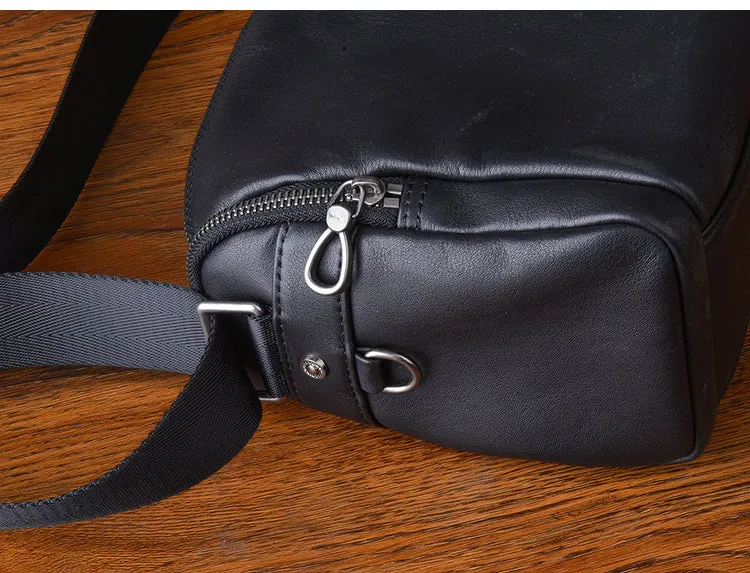 Black Leather Small Black Messenger Bag Men's Small Barrel Side Bag Overnight Bag For Men