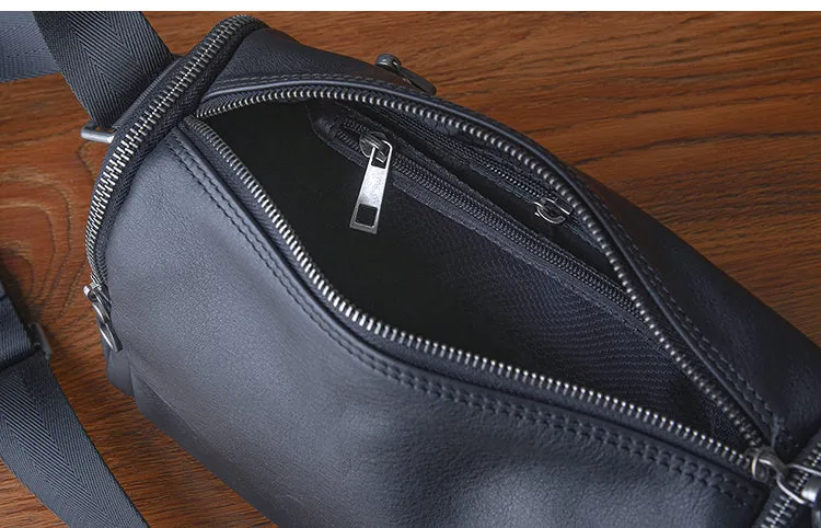 Black Leather Small Black Messenger Bag Men's Small Barrel Side Bag Overnight Bag For Men