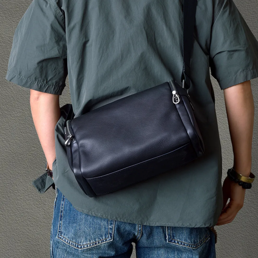 Black Leather Small Black Messenger Bag Men's Small Barrel Side Bag Overnight Bag For Men