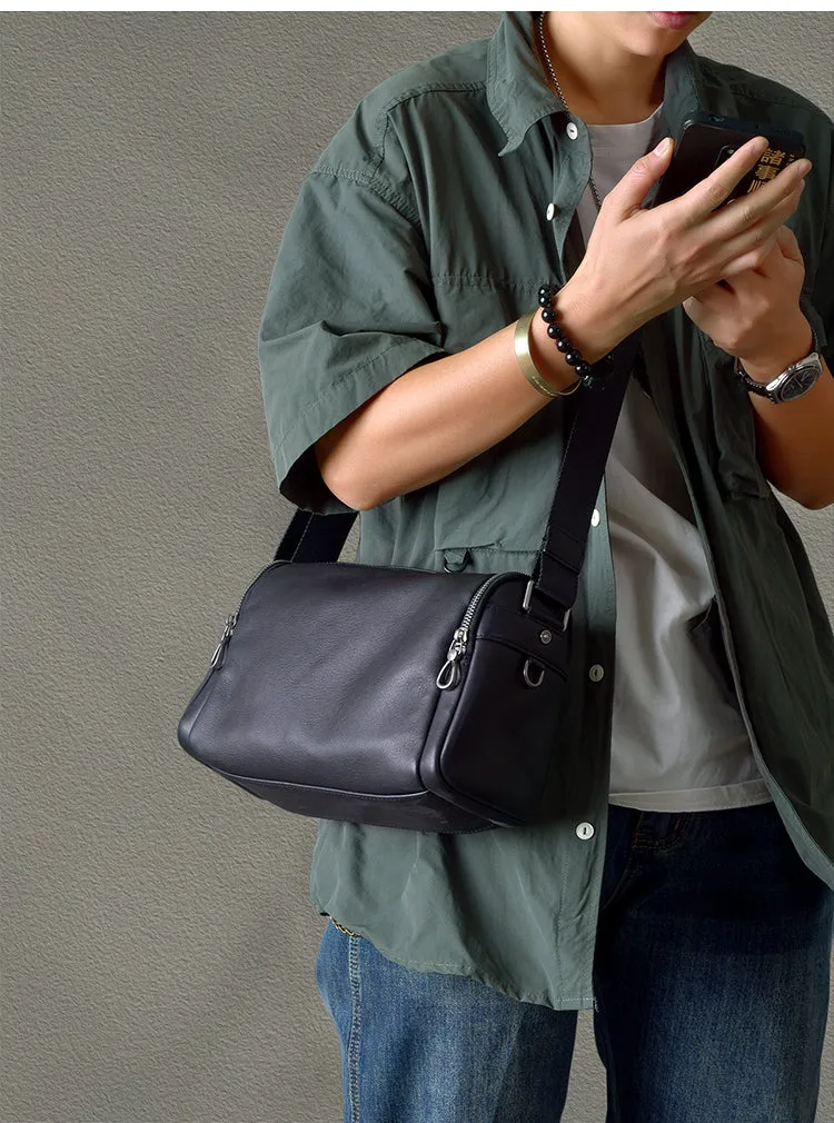 Black Leather Small Black Messenger Bag Men's Small Barrel Side Bag Overnight Bag For Men