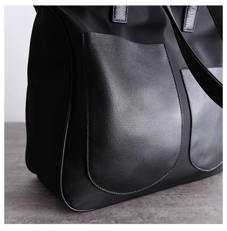 Black Womens Nylon Leather Shopper Totes Womens Nylon Shoulder Tote Black Nylon Handbag Purse for Ladies