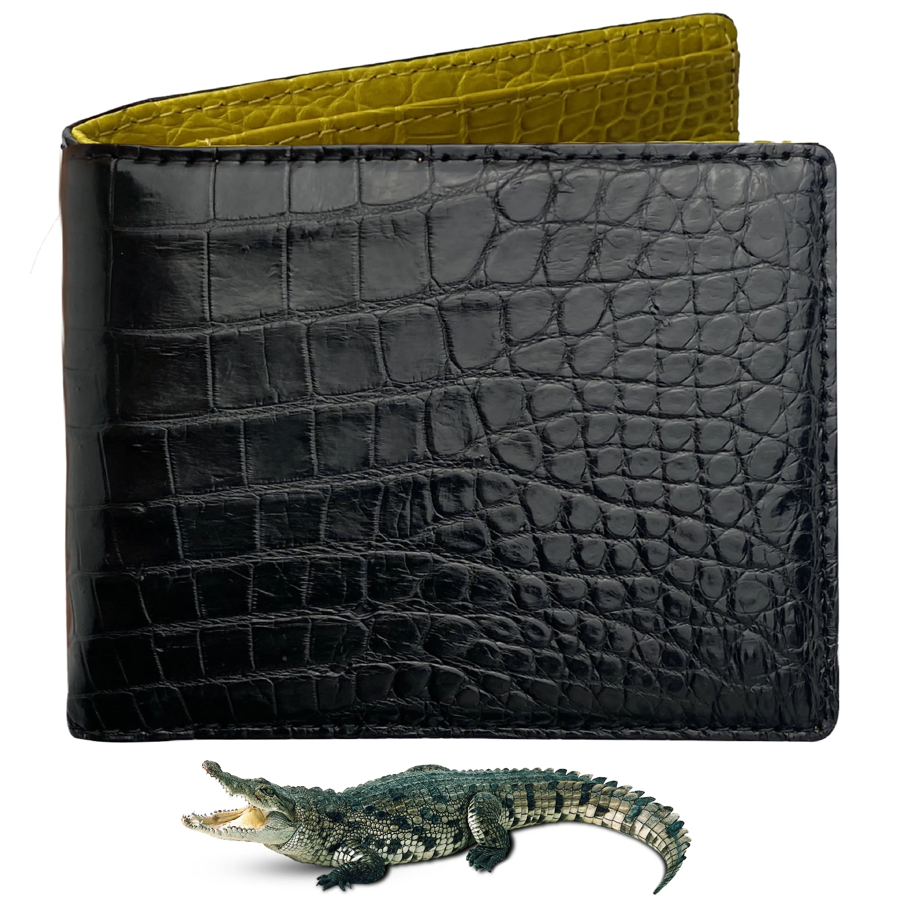 Black Yellow Double Side Alligator Leather Classic Bifold Wallet For Men | Handmade Crocodile Belly Leather Wallet RFID Blocking | VILE-219