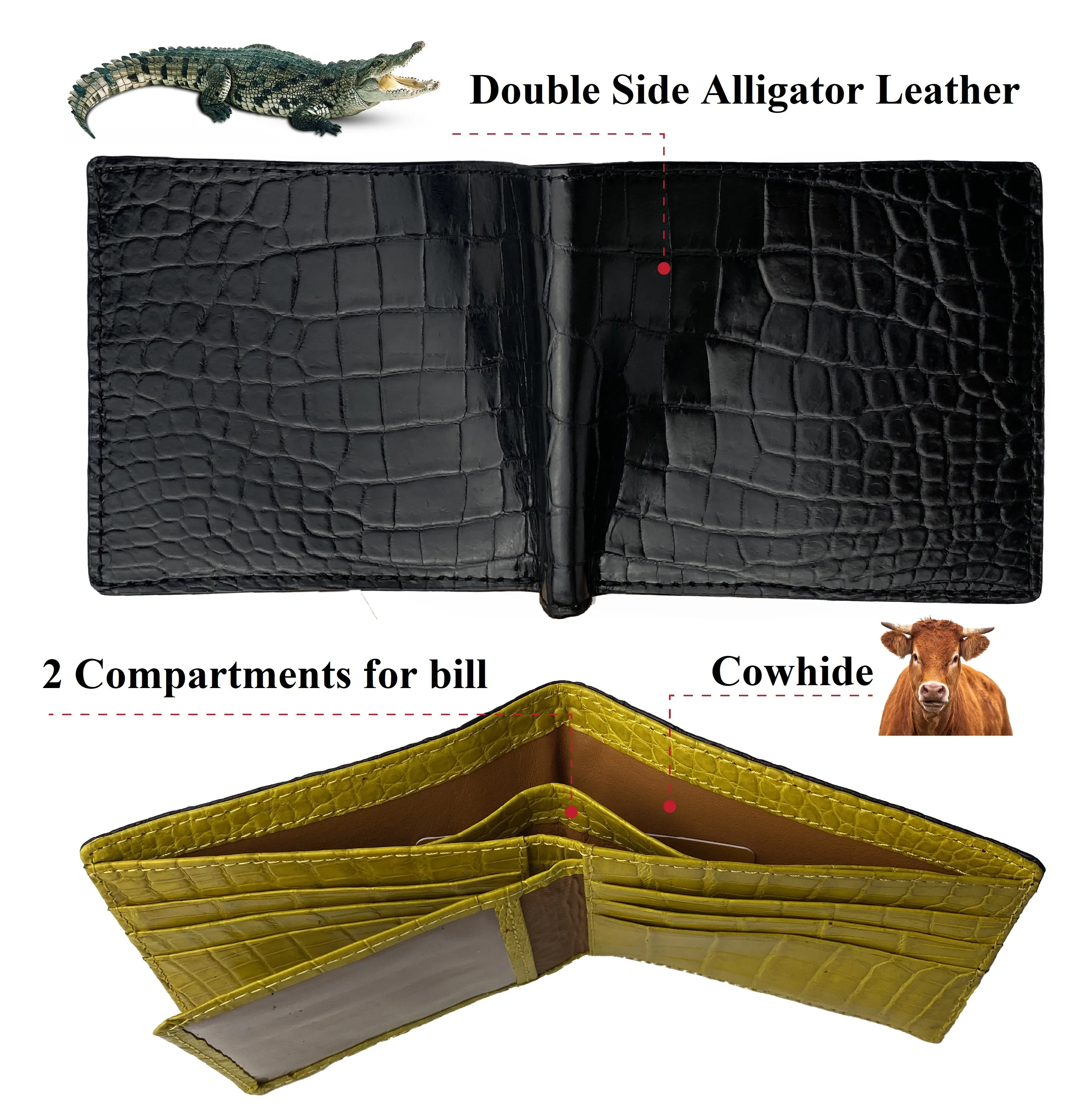 Black Yellow Double Side Alligator Leather Classic Bifold Wallet For Men | Handmade Crocodile Belly Leather Wallet RFID Blocking | VILE-219