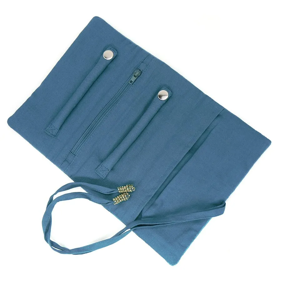 Blue velvet embroidered crane jewellery roll