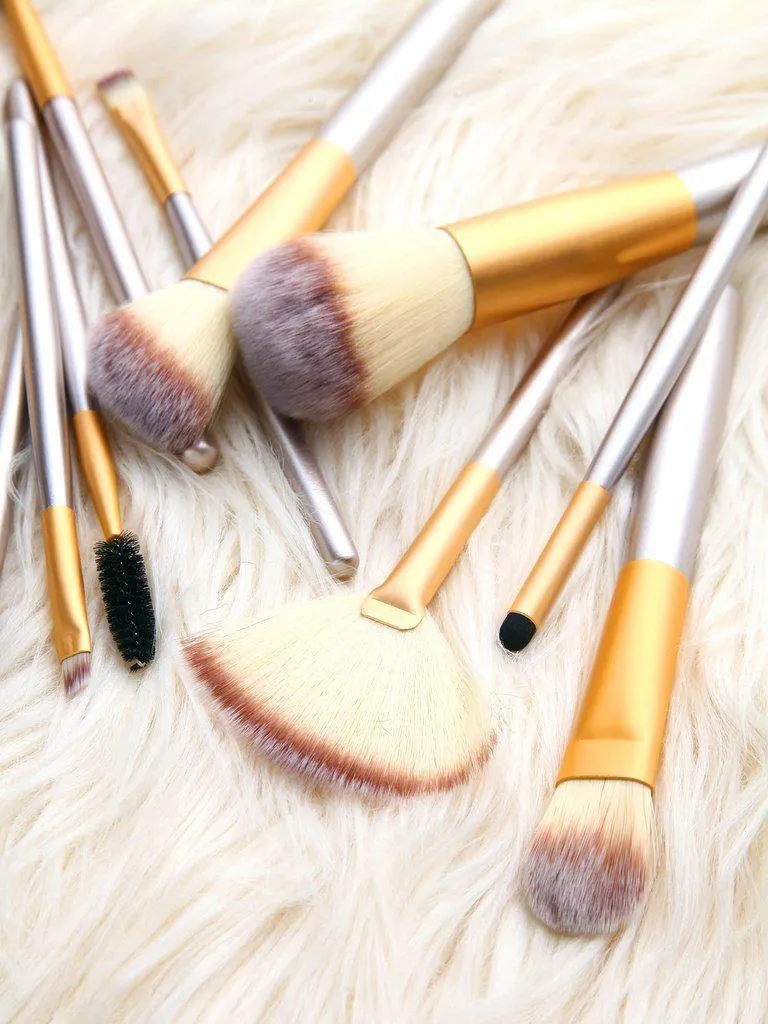 Champagne Gold 12Pcs Makeup Brush Set With Leather Bag