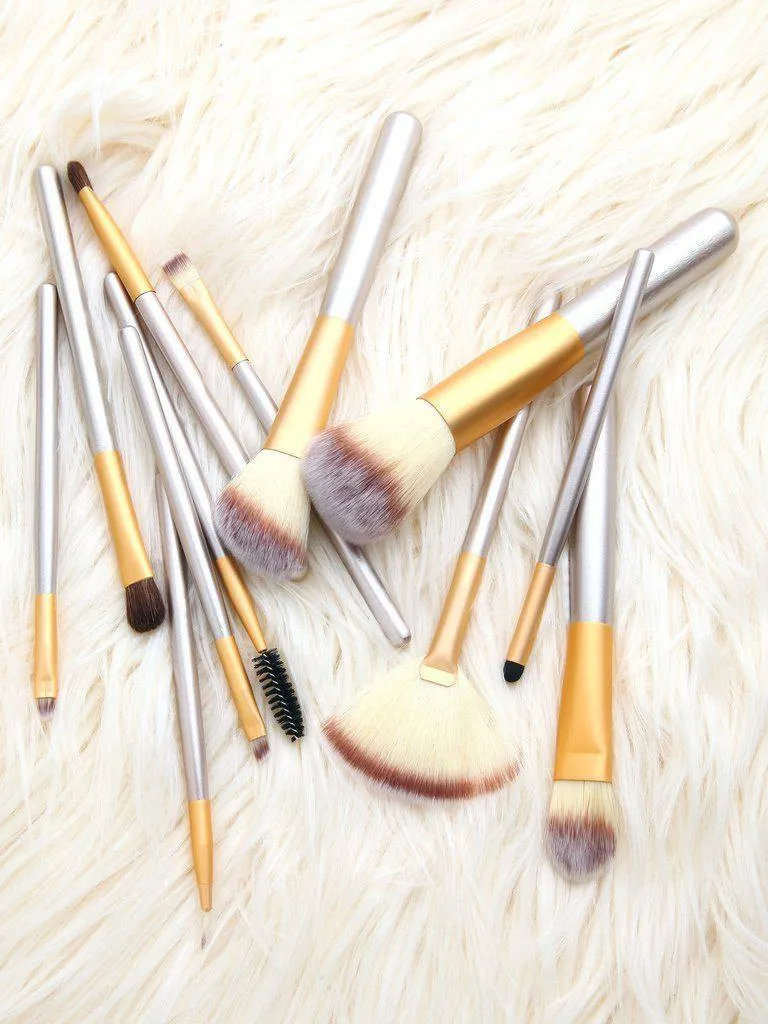 Champagne Gold 12Pcs Makeup Brush Set With Leather Bag