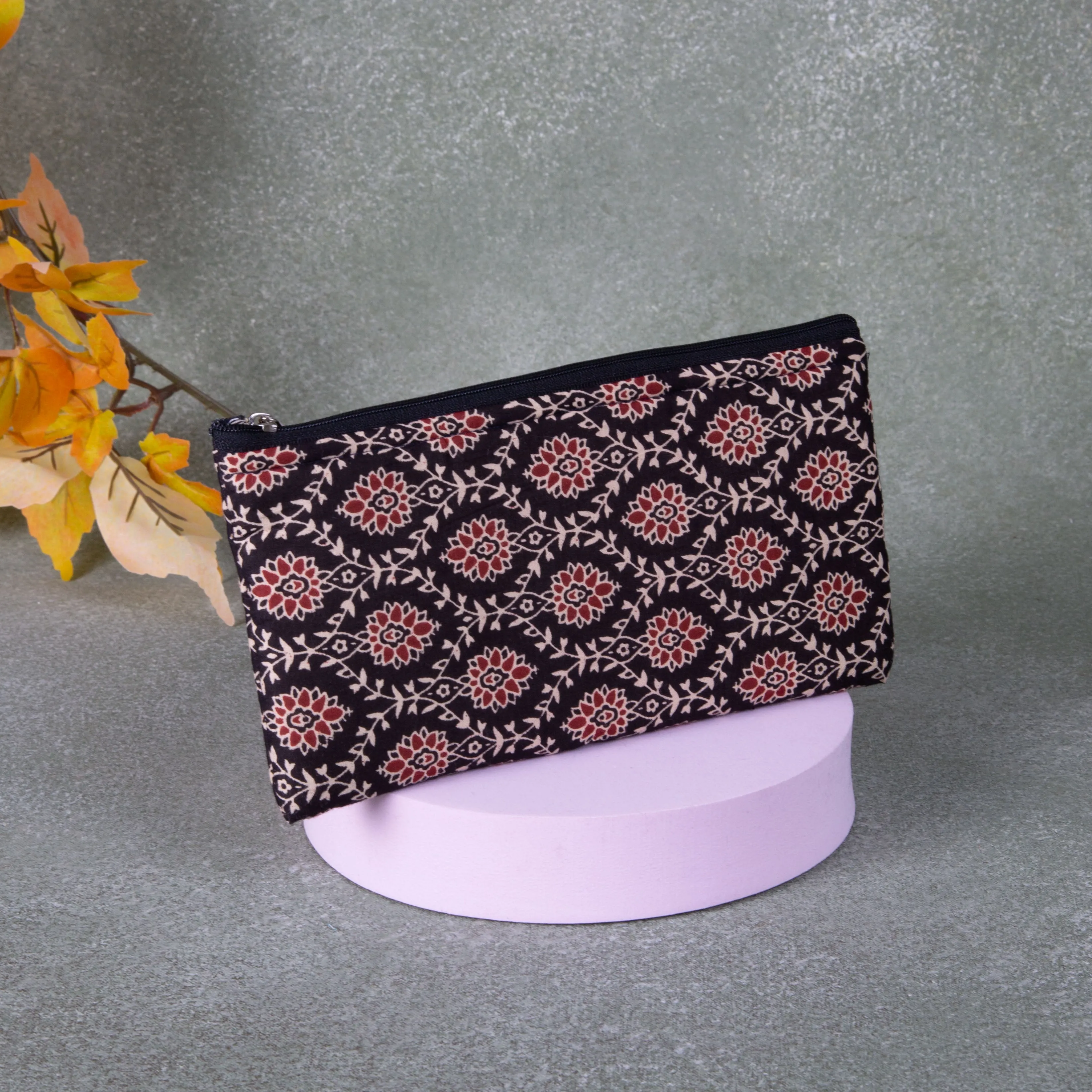 Cotton Purse Black with Brown Flower Design.