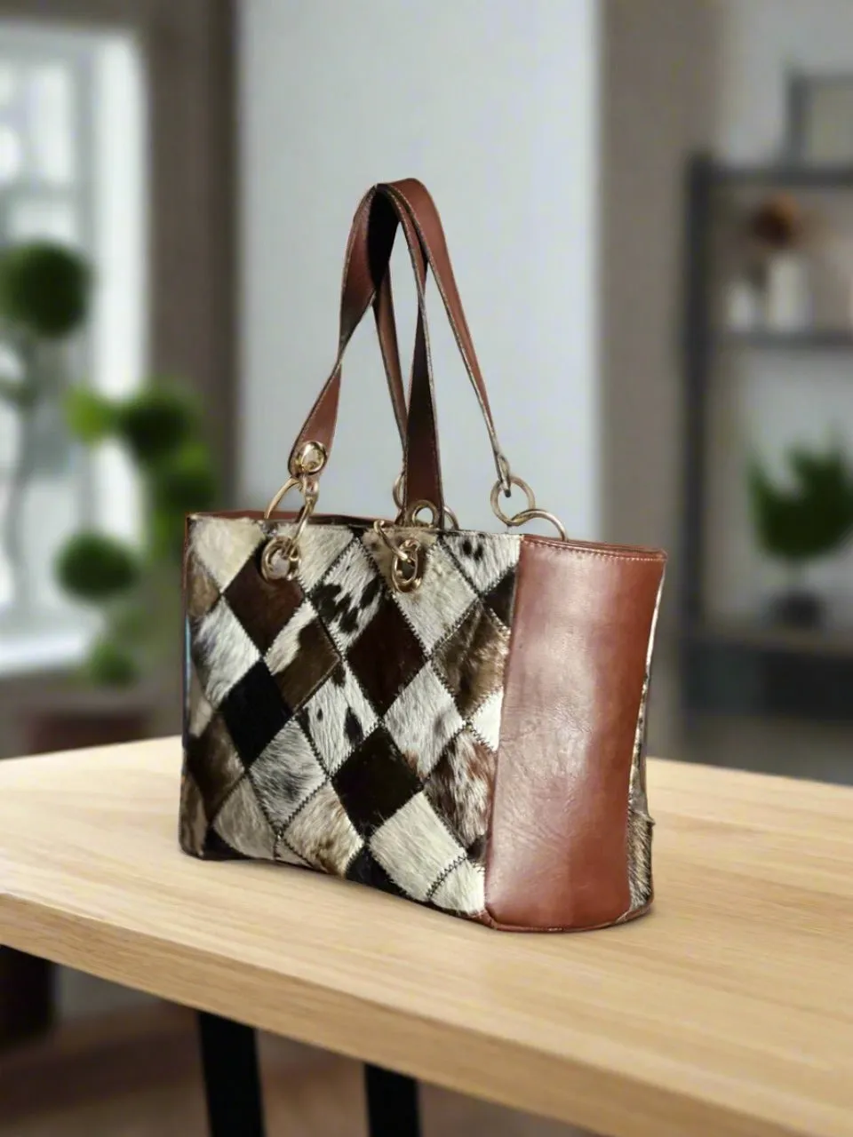 Cowhide Patchwork Leather Tote Bag For Women Genuine Leather Bag