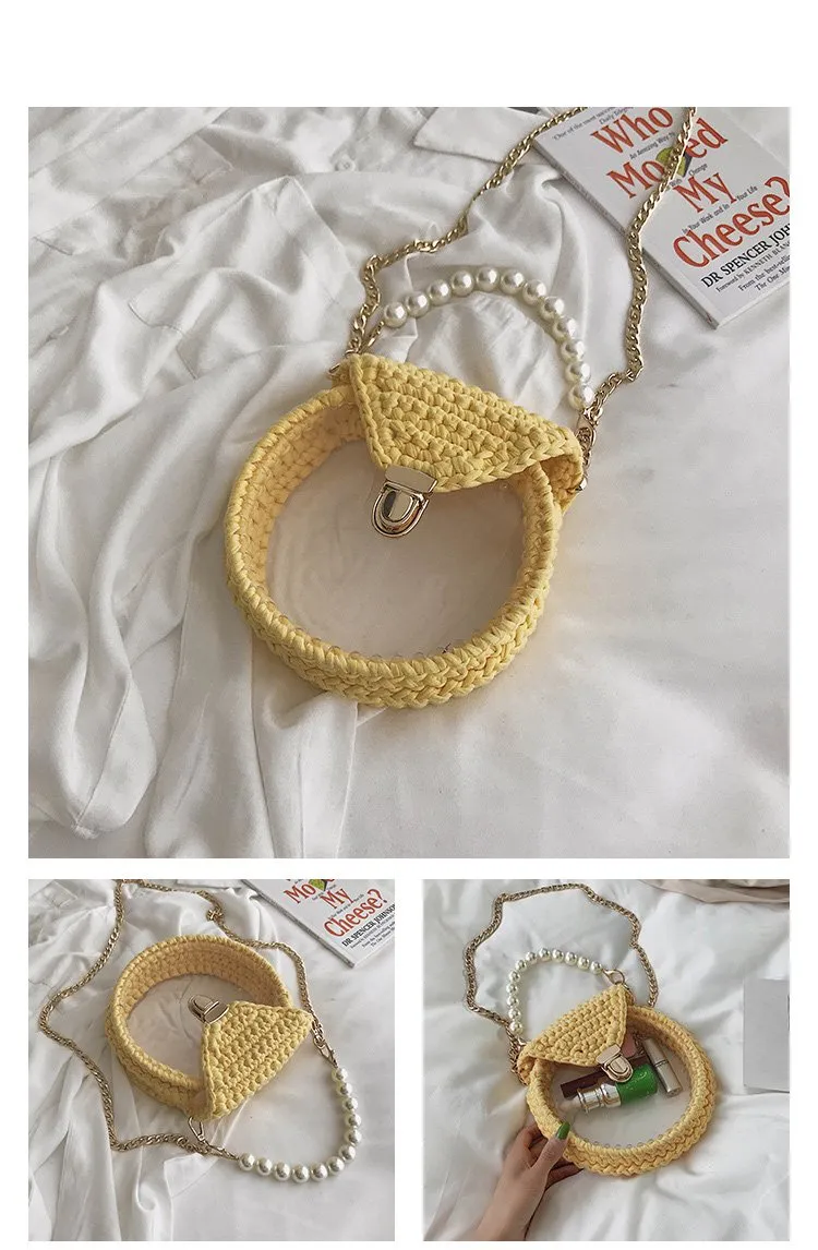 Cute Round Beige(Flap) Crochet Crossbody Purse PMMA Crochet Shoulder Round Handbag for Girl Circle Crochet Crossbody Purses