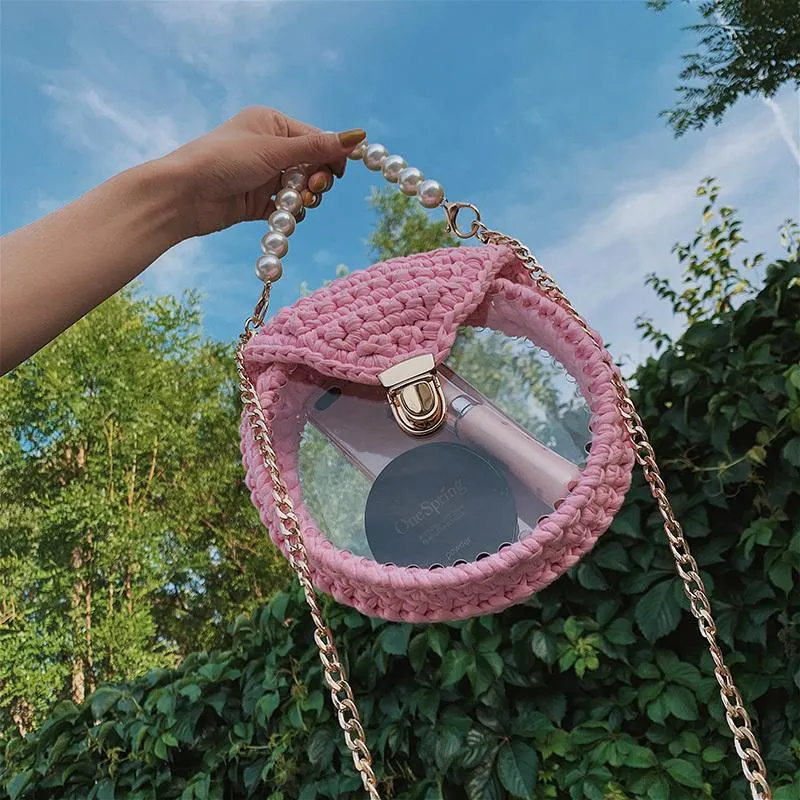 Cute Round Beige(Flap) Crochet Crossbody Purse PMMA Crochet Shoulder Round Handbag for Girl Circle Crochet Crossbody Purses