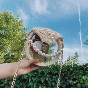 Cute Round Beige(Flap) Crochet Crossbody Purse PMMA Crochet Shoulder Round Handbag for Girl Circle Crochet Crossbody Purses