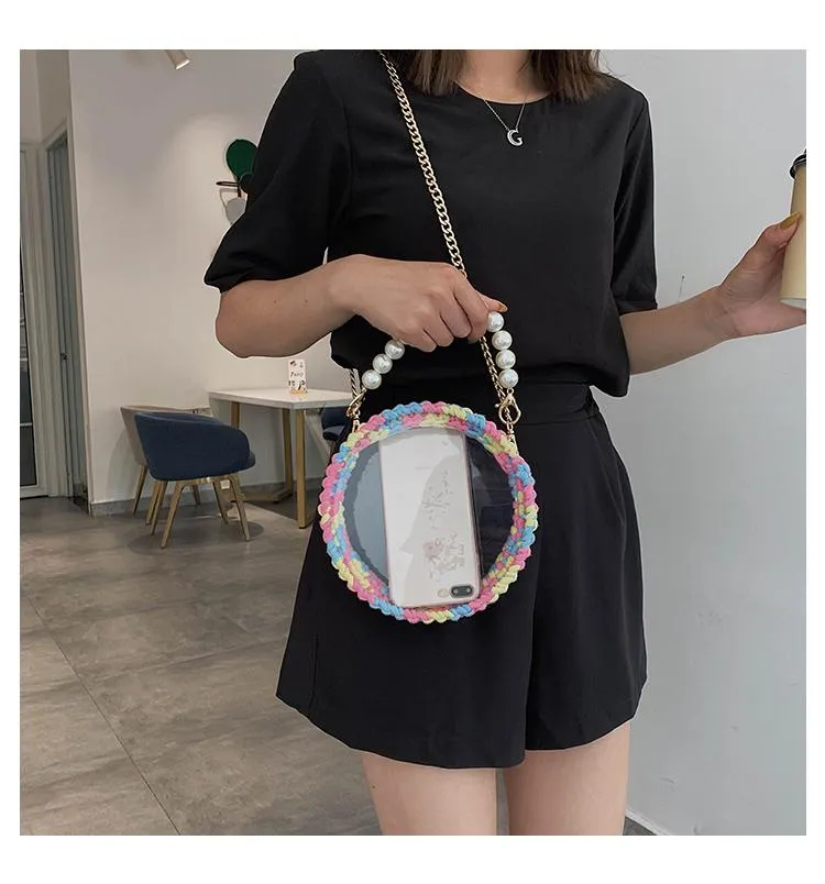 Cute Round Beige(Flap) Crochet Crossbody Purse PMMA Crochet Shoulder Round Handbag for Girl Circle Crochet Crossbody Purses