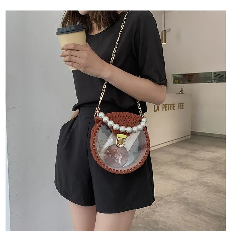 Cute Round Beige(Flap) Crochet Crossbody Purse PMMA Crochet Shoulder Round Handbag for Girl Circle Crochet Crossbody Purses