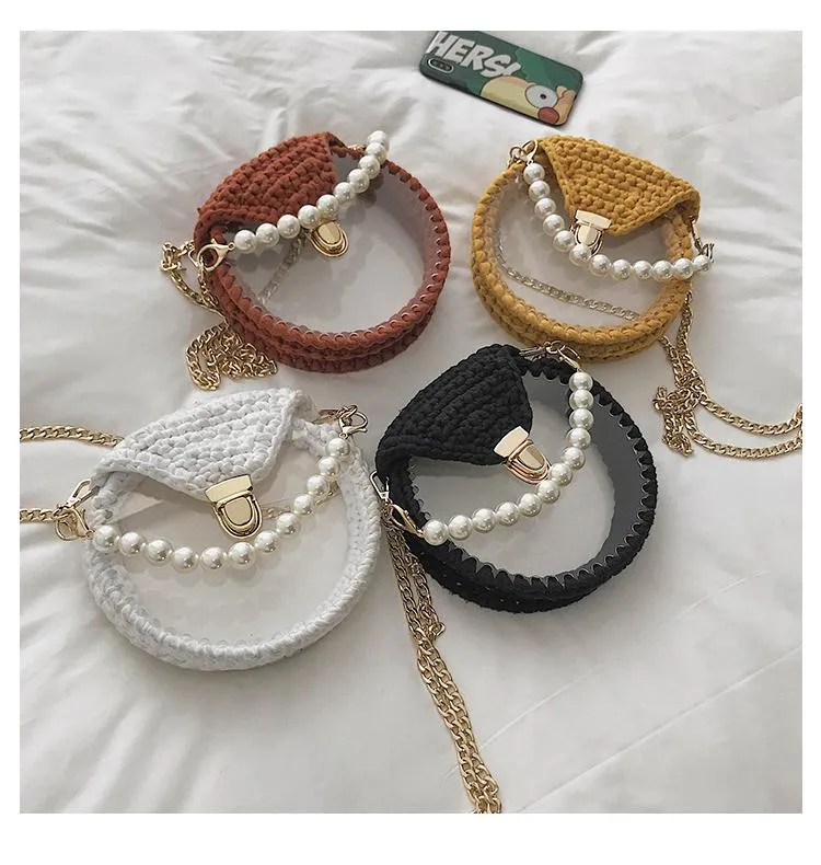 Cute Round Beige(Flap) Crochet Crossbody Purse PMMA Crochet Shoulder Round Handbag for Girl Circle Crochet Crossbody Purses