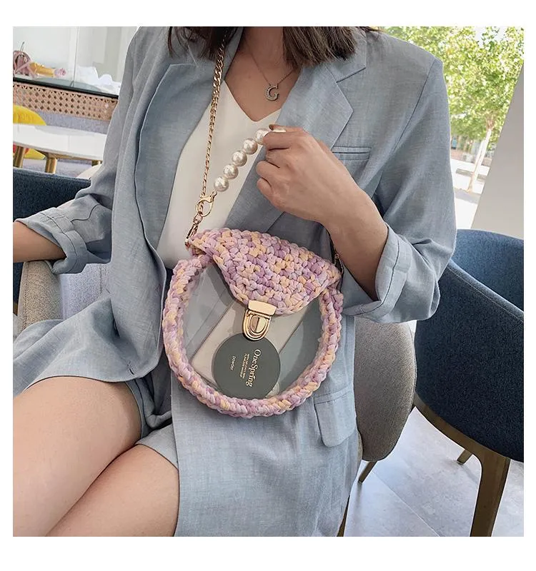 Cute Round Beige(Flap) Crochet Crossbody Purse PMMA Crochet Shoulder Round Handbag for Girl Circle Crochet Crossbody Purses