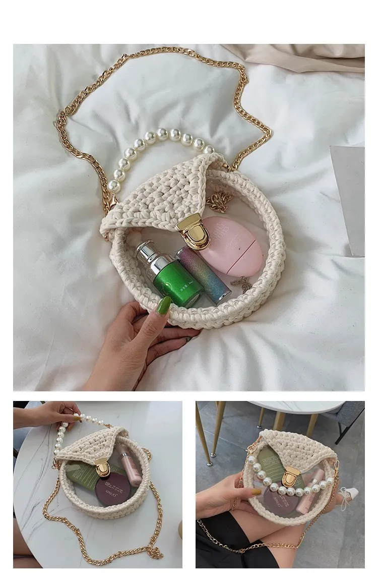 Cute Round Beige(Flap) Crochet Crossbody Purse PMMA Crochet Shoulder Round Handbag for Girl Circle Crochet Crossbody Purses