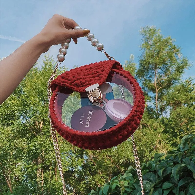 Cute Round Beige(Flap) Crochet Crossbody Purse PMMA Crochet Shoulder Round Handbag for Girl Circle Crochet Crossbody Purses