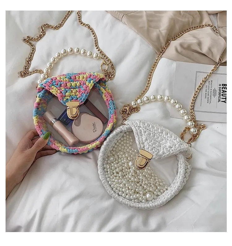 Cute Round Beige(Flap) Crochet Crossbody Purse PMMA Crochet Shoulder Round Handbag for Girl Circle Crochet Crossbody Purses