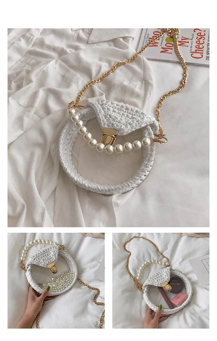 Cute Round Beige(Flap) Crochet Crossbody Purse PMMA Crochet Shoulder Round Handbag for Girl Circle Crochet Crossbody Purses