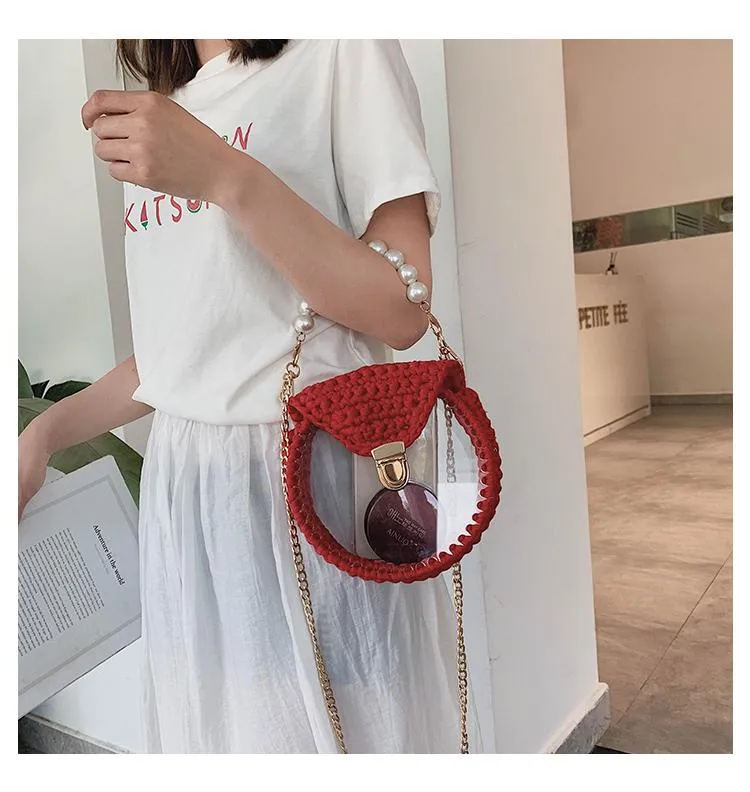 Cute Round Beige(Flap) Crochet Crossbody Purse PMMA Crochet Shoulder Round Handbag for Girl Circle Crochet Crossbody Purses