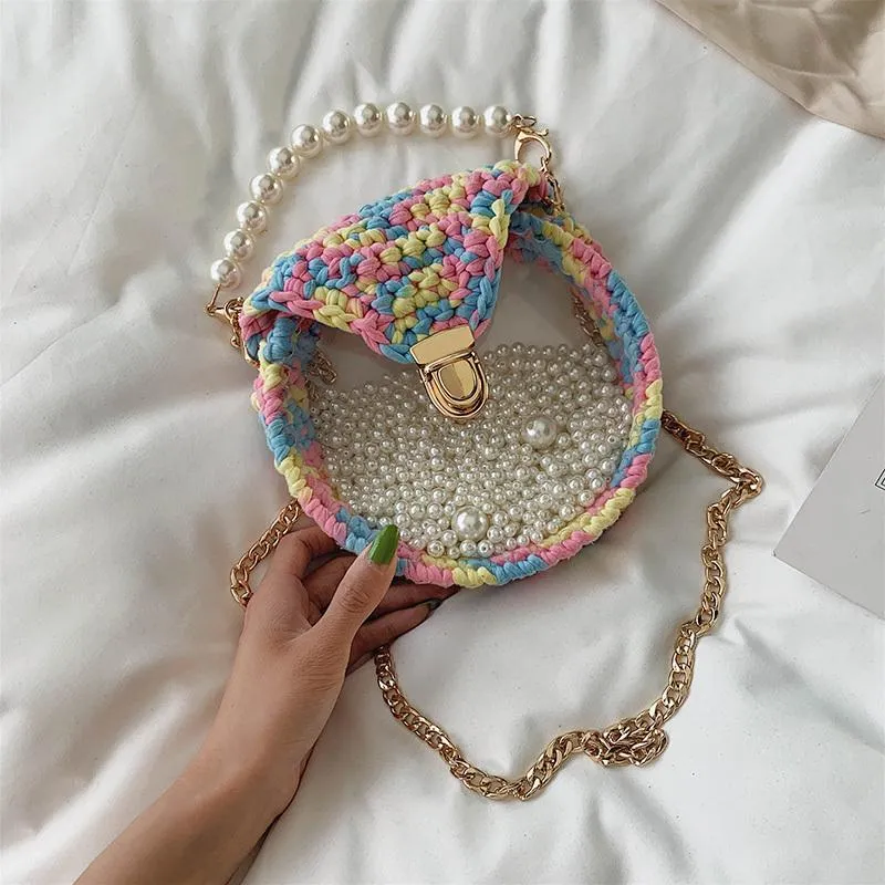 Cute Round Beige(Flap) Crochet Crossbody Purse PMMA Crochet Shoulder Round Handbag for Girl Circle Crochet Crossbody Purses