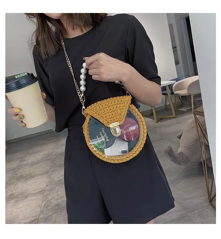 Cute Round Beige(Flap) Crochet Crossbody Purse PMMA Crochet Shoulder Round Handbag for Girl Circle Crochet Crossbody Purses