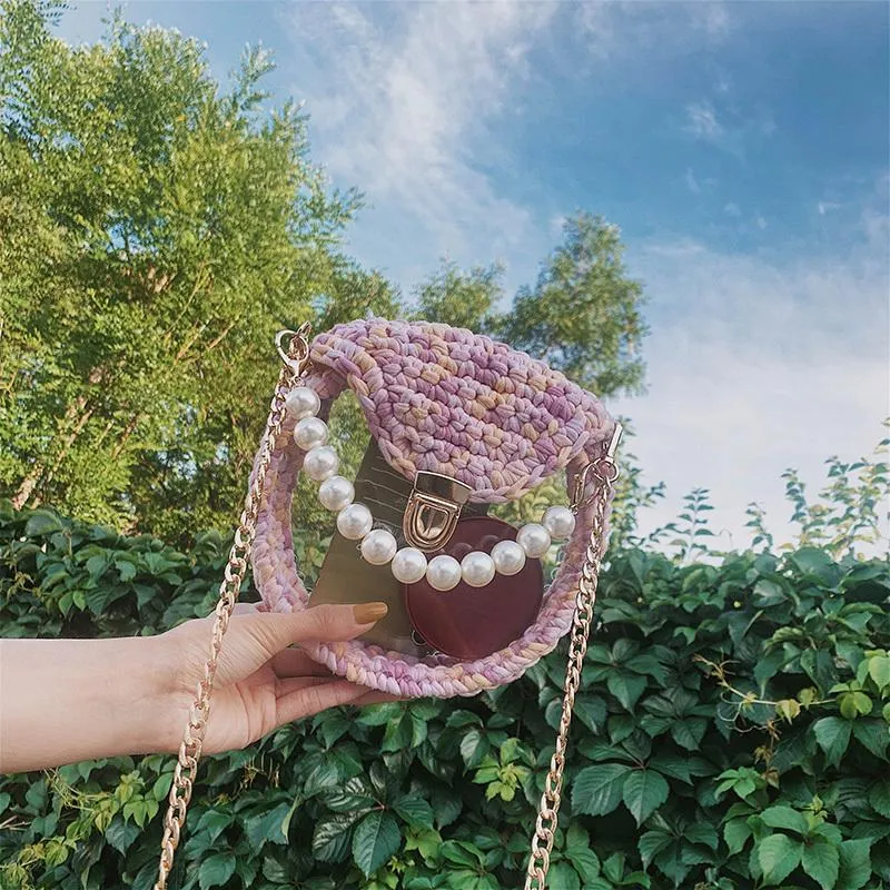 Cute Round Beige(Flap) Crochet Crossbody Purse PMMA Crochet Shoulder Round Handbag for Girl Circle Crochet Crossbody Purses