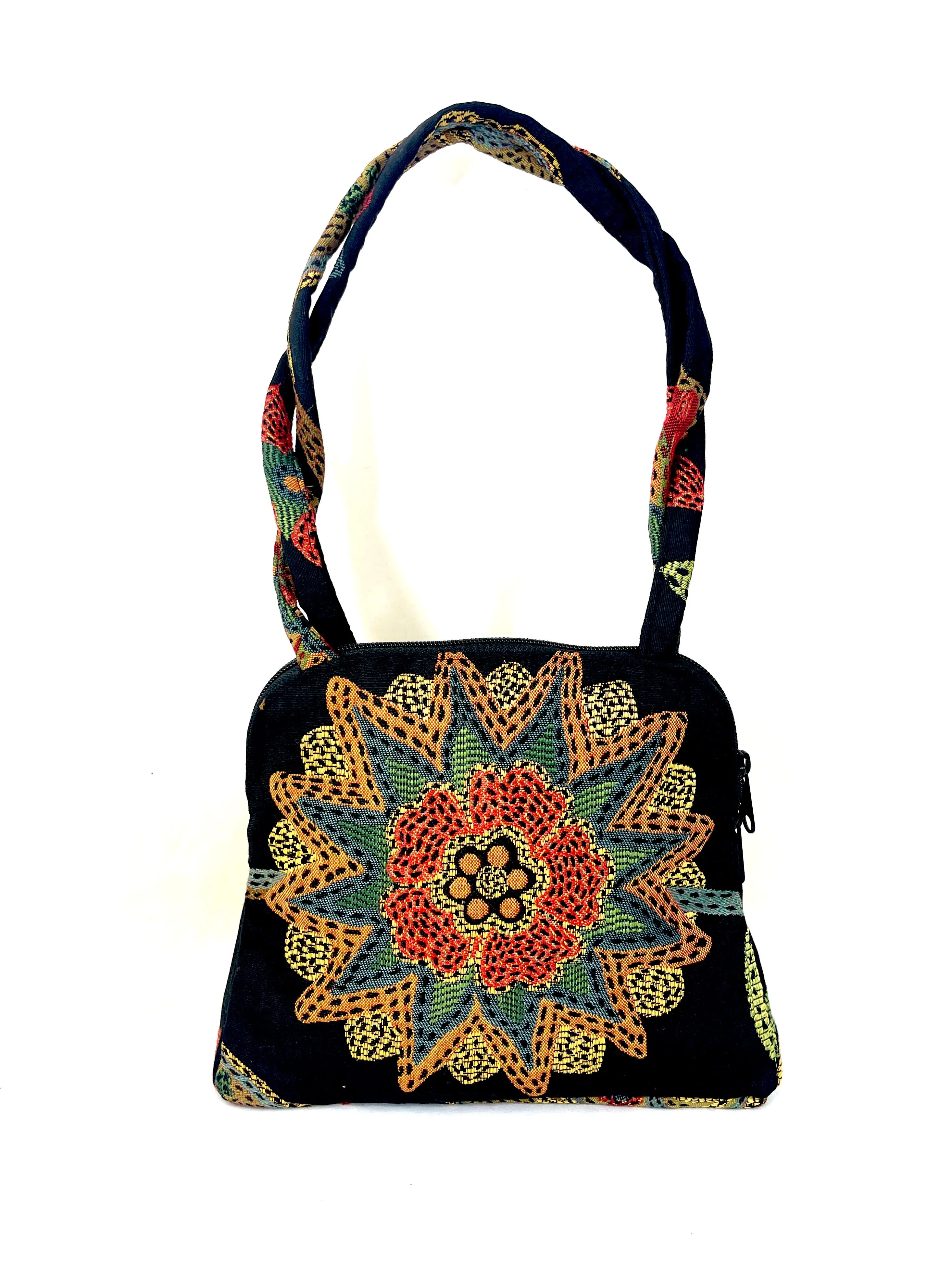 Evita Grande Bag in Black Tapestry, Mandala Flower