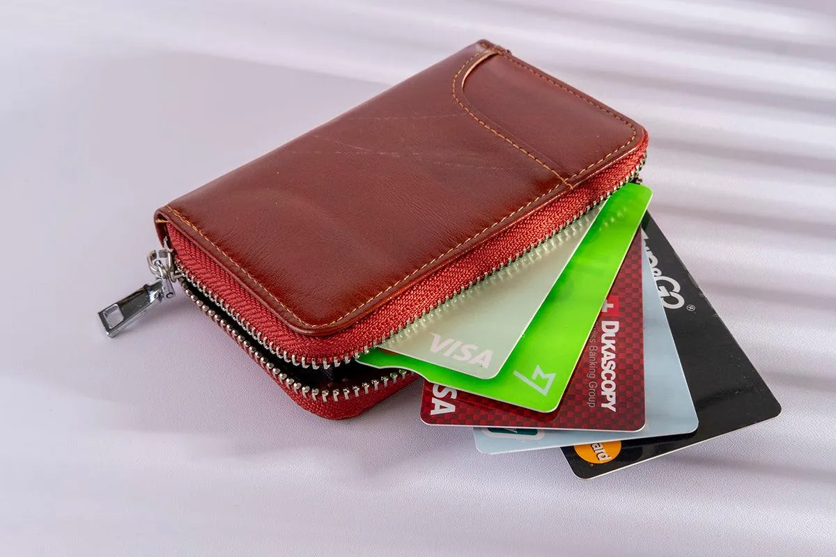 Fabufabu RFID Zip cowhide Card Holder Wallet