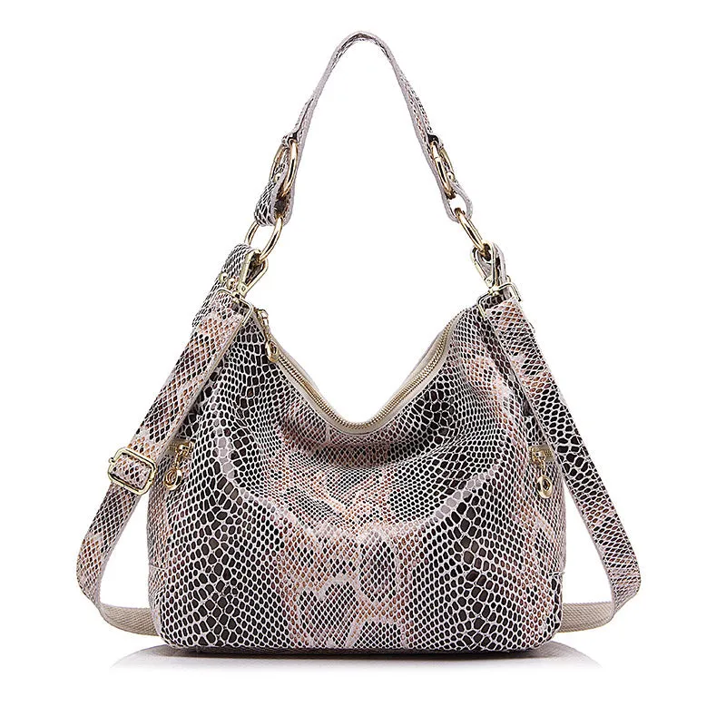 Genuine Leather Serpentine Print Shoulder Bag