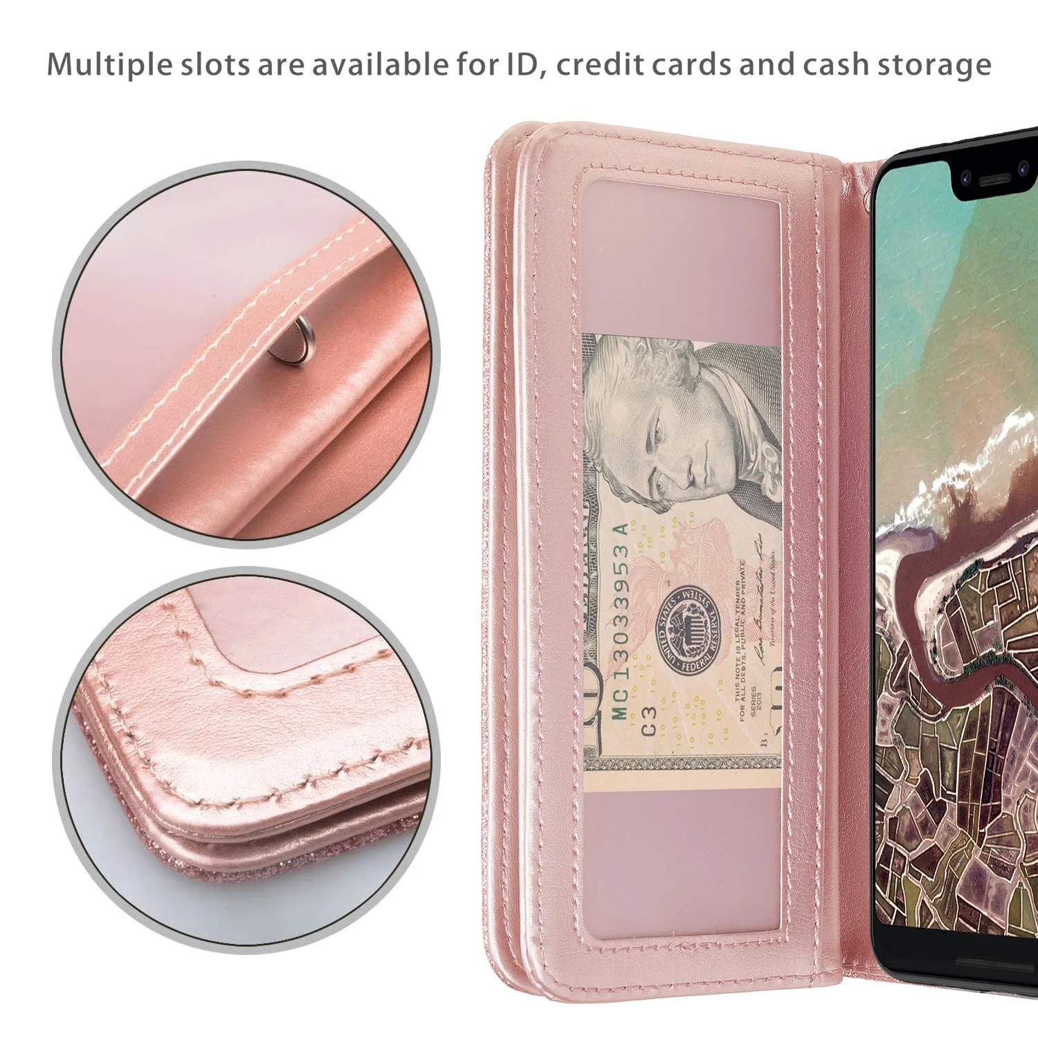 Google Pixel 3a Case, Pixel 3a Case, Glitter Faux Leather Flip Credit Card Holder Wrist Strap Shockproof Protective Wallet Case Clutch for Google Pixel 3a - Rose Gold