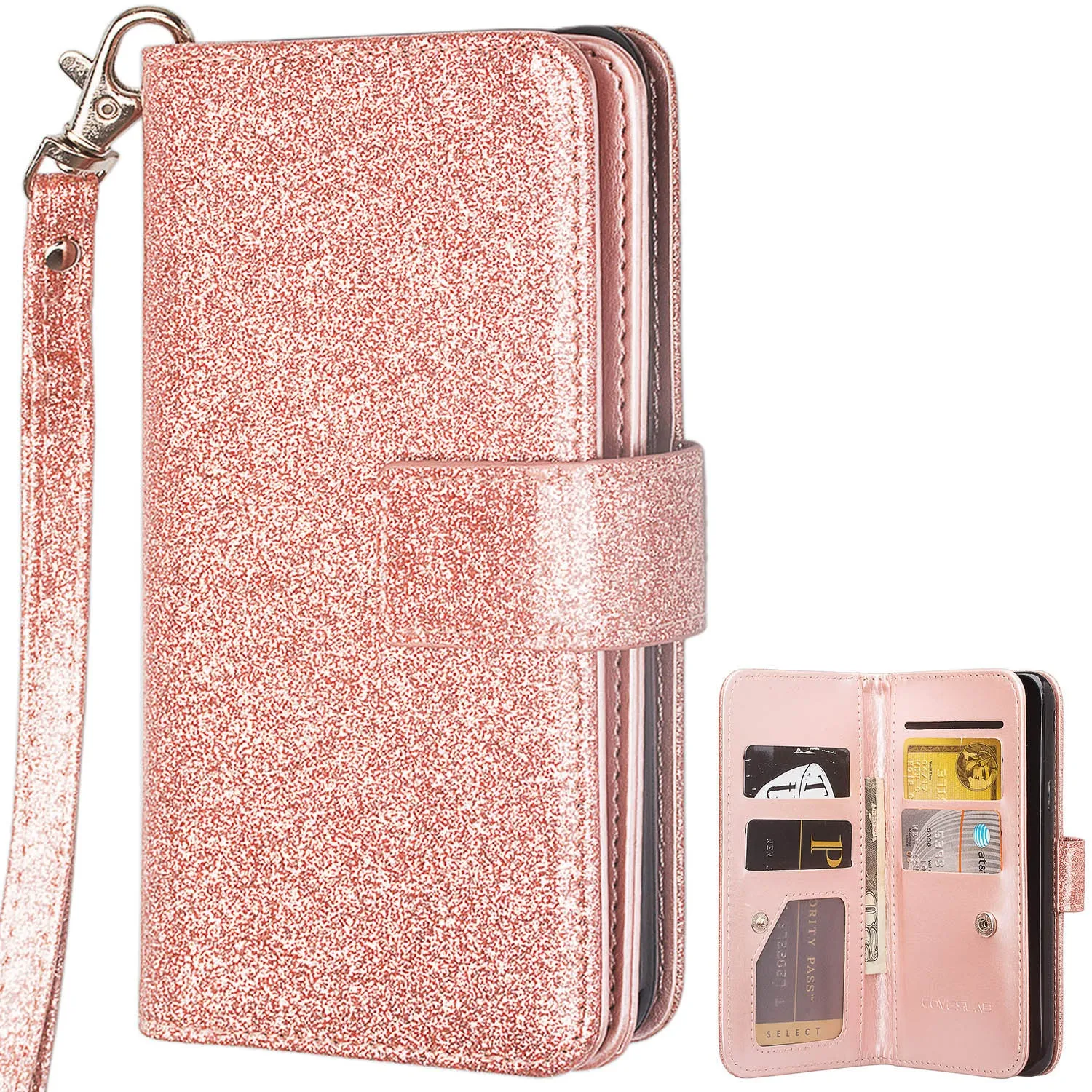 Google Pixel 3a Case, Pixel 3a Case, Glitter Faux Leather Flip Credit Card Holder Wrist Strap Shockproof Protective Wallet Case Clutch for Google Pixel 3a - Rose Gold