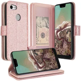 Google Pixel 3a Case, Pixel 3a Case, Glitter Faux Leather Flip Credit Card Holder Wrist Strap Shockproof Protective Wallet Case Clutch for Google Pixel 3a - Rose Gold