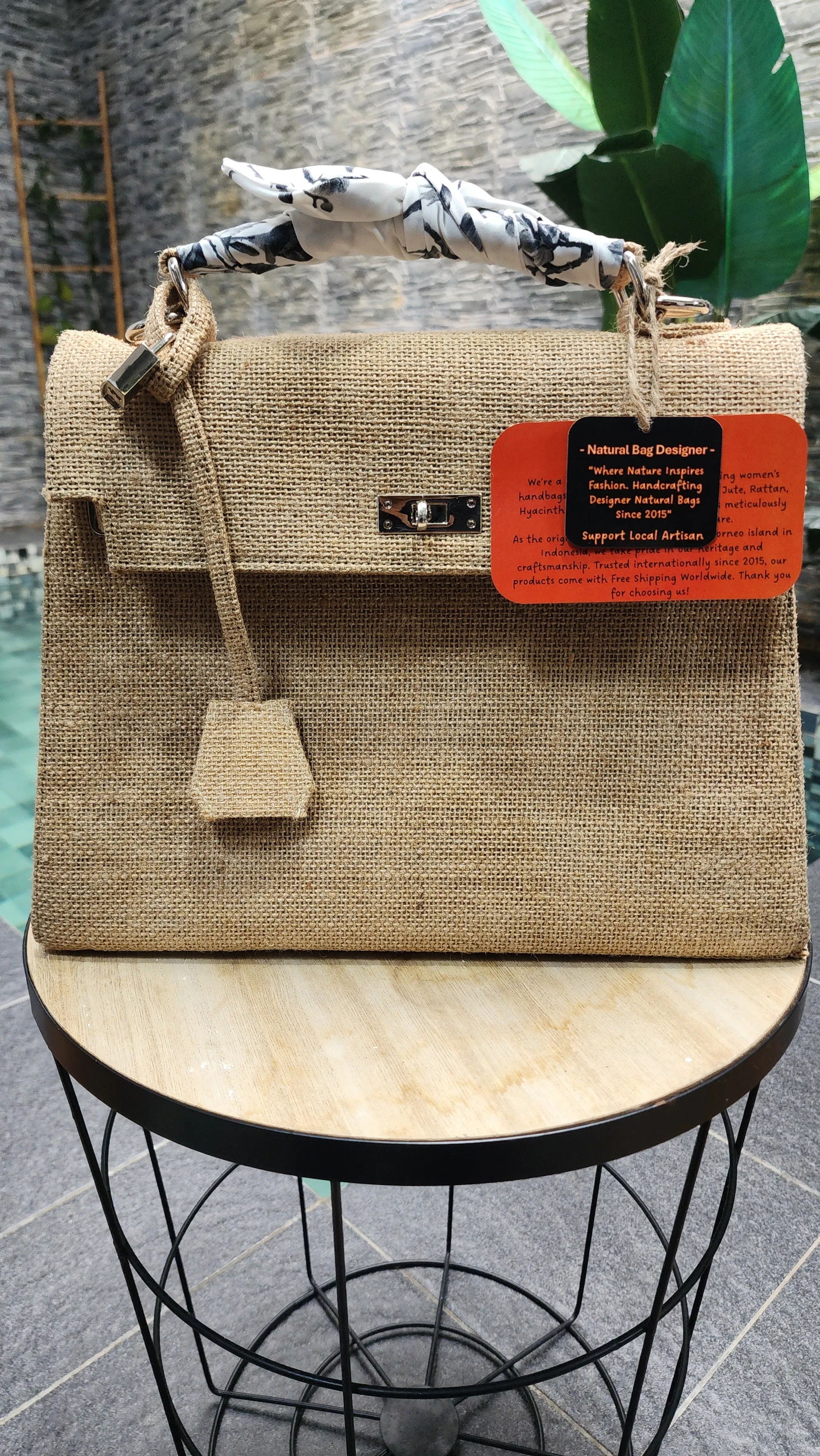 Handmade burlap / jute bag, Medium size (35cm)_style 1 - Silver