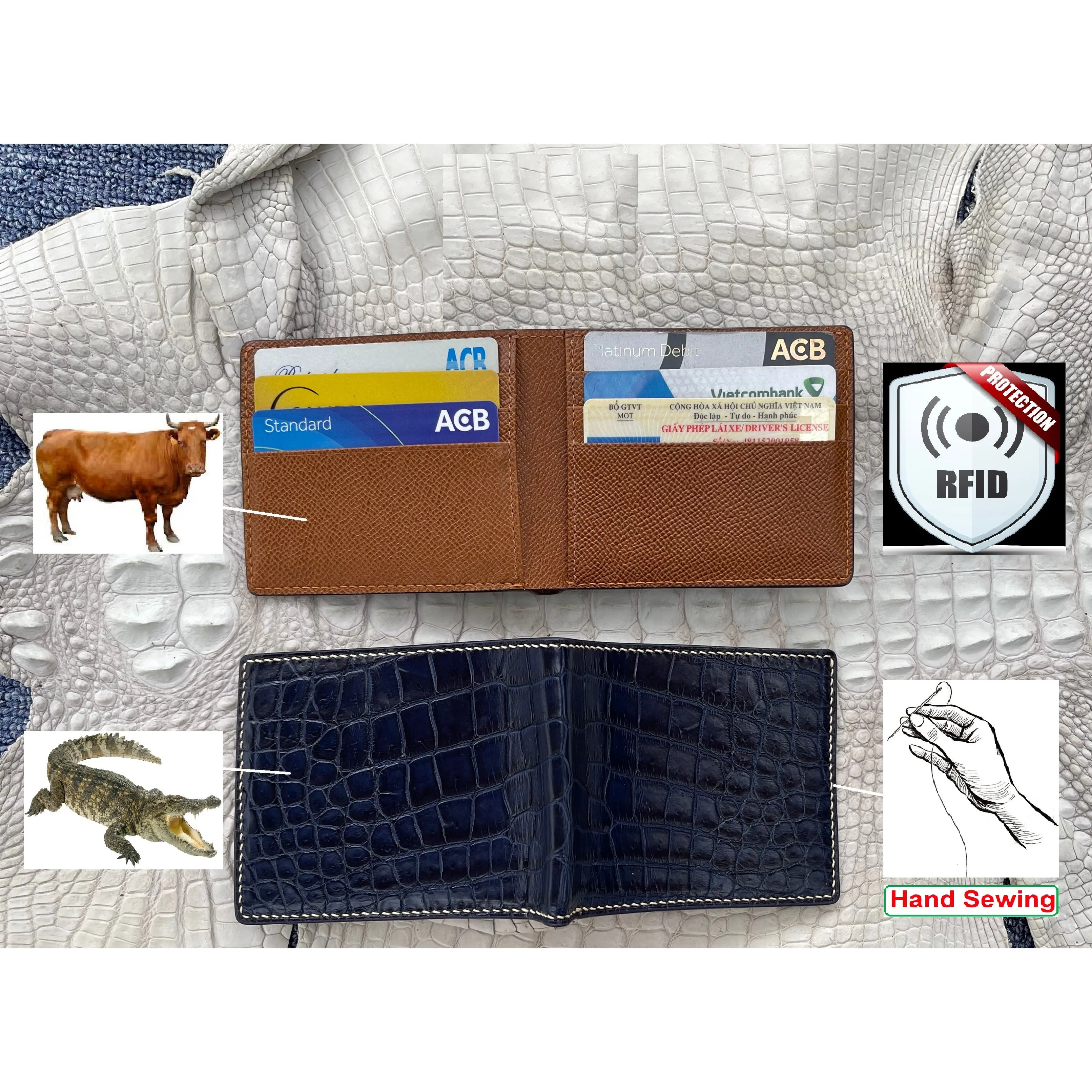 Handmade Navy Blue Alligator Bifold Wallet RFID Blocking Hand Stitching | VINAM-88