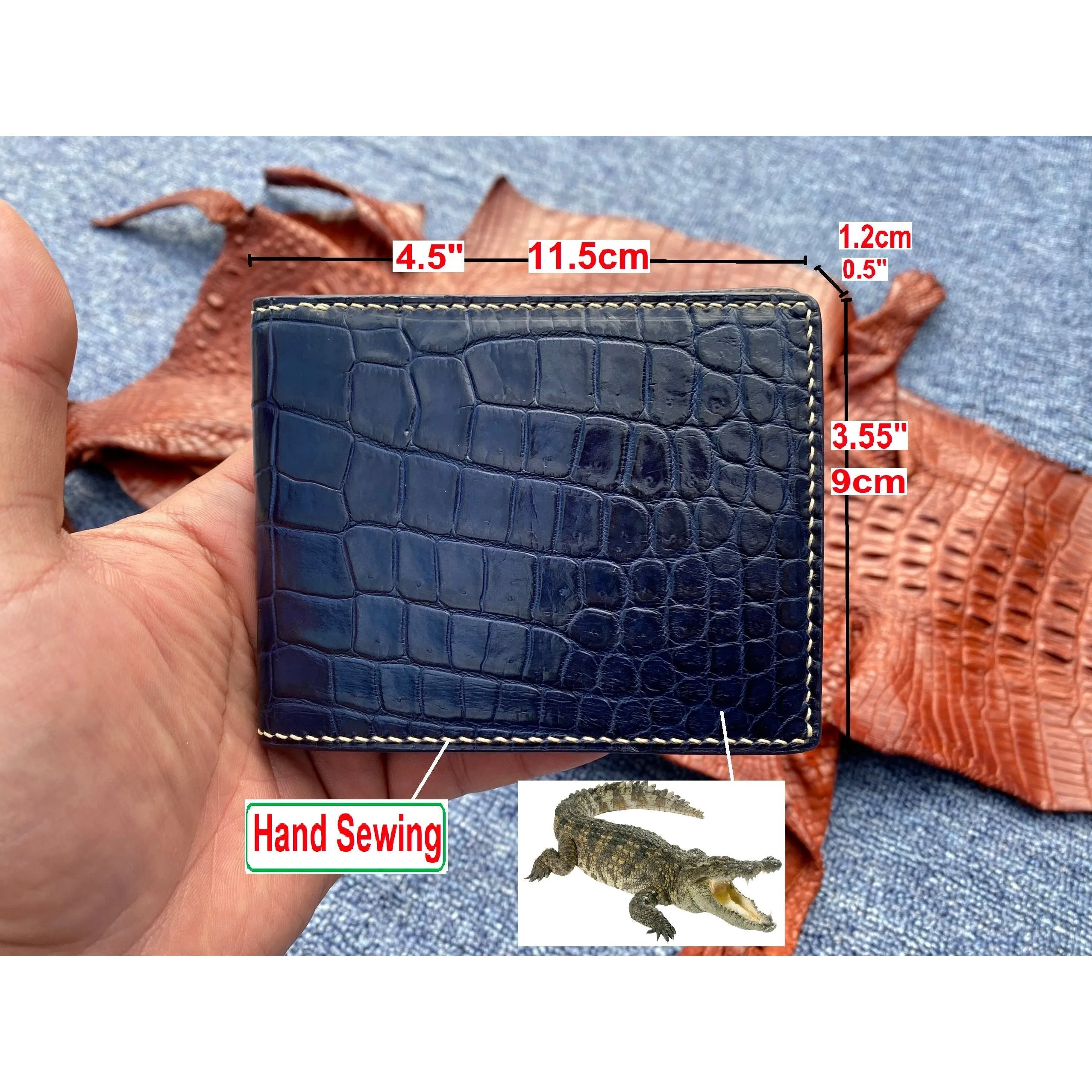 Handmade Navy Blue Alligator Bifold Wallet RFID Blocking Hand Stitching | VINAM-88